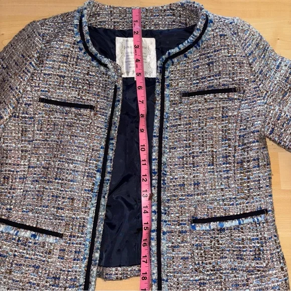 Tweed Blue Knitted Jacket Women Small Hookeye close Pockets Church Wedding Guest - Picture 4 of 7